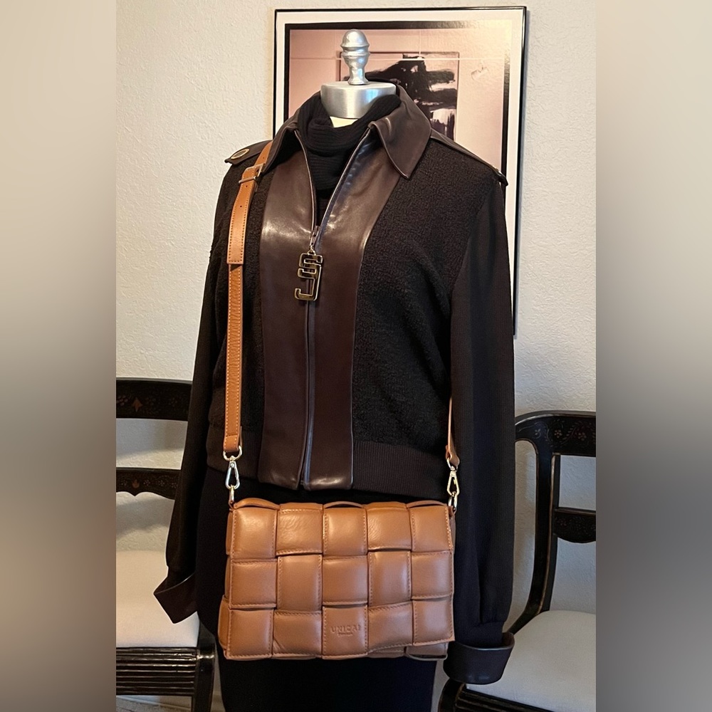 UNICA Firenze Woven Leather Quilted Padded Brown Cognac Crossbody Flip Bag NWOT
